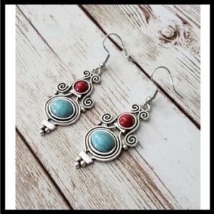 Turquoise Red Coral Dangle Drop Earrings Gift Southwest Country Western Stone